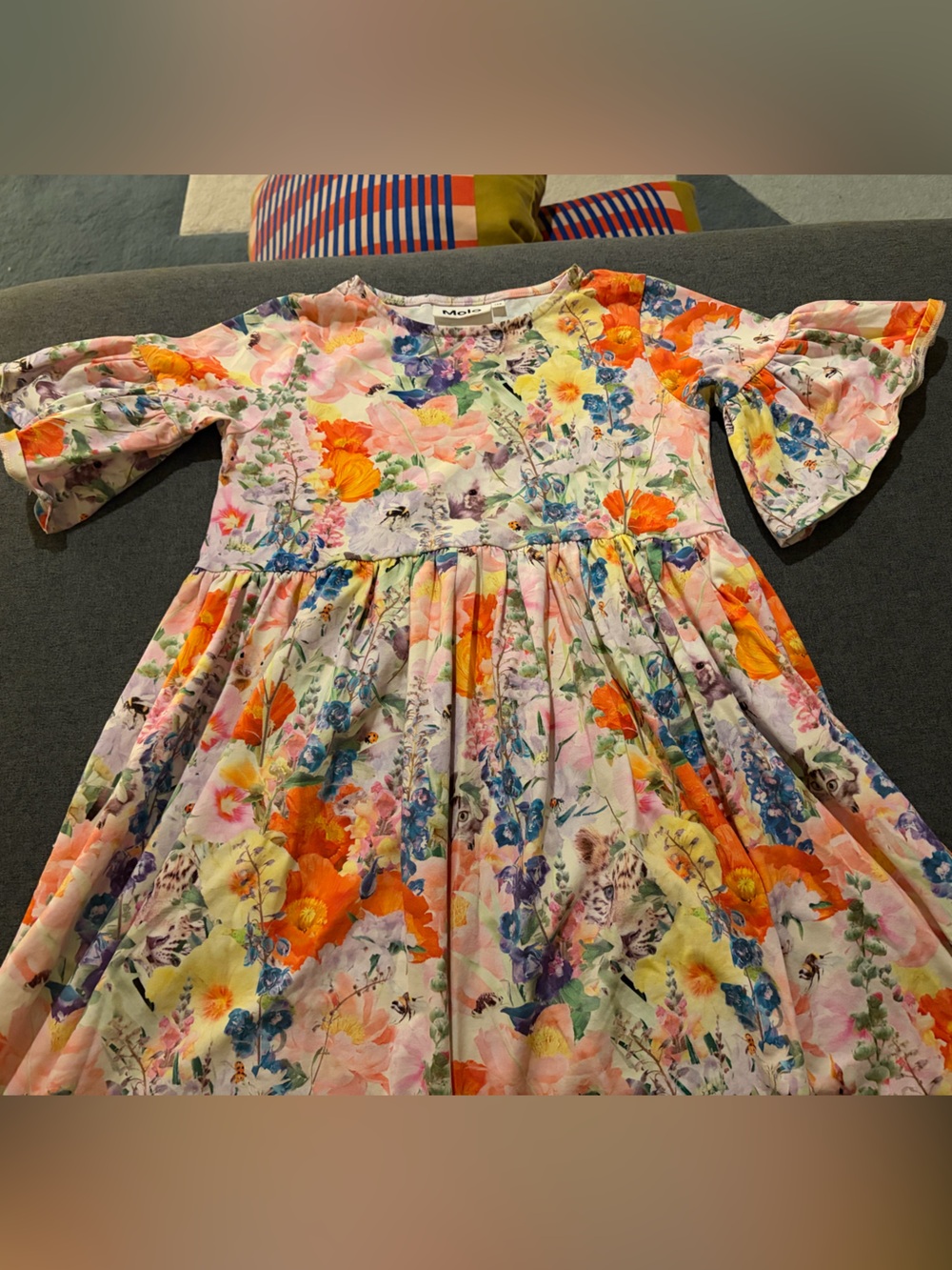 Molo Girls Floral Flutter Sleeve Dress in Pink, Orange, Blue